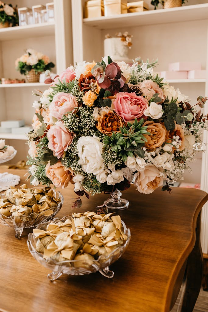 Blossoming flowers with pleasant aroma on desk with small textile present bags during festive event in room