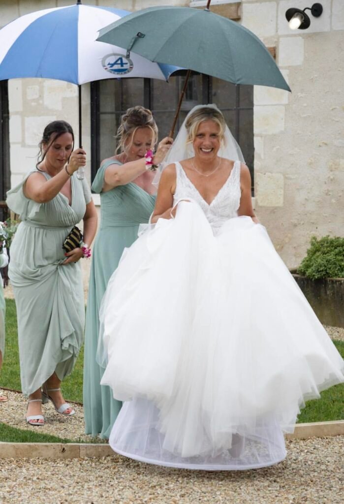Mariée avec ses demoiselles d'honneur qui l'abritent de la pluie